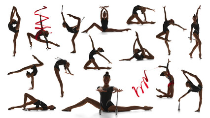 Flexible talented teen girl, acrobat in black bodysuit, rhythmic gymnast performing against white...