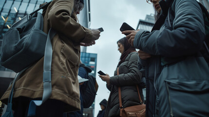 group of unknown people use mobile phones stand in front building