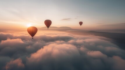 Scenic sunrise view of hot air balloons floating above the clouds, offering a tranquil and breathtaking aerial perspective of the serene landscape.