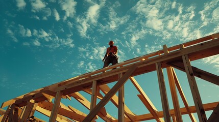 Naklejka premium Construction worker truss installation