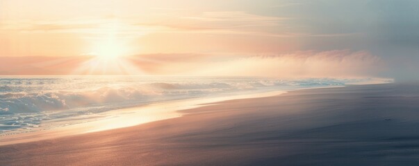 A serene beach scene during sunrise or sunset, showcasing tranquil nature.
