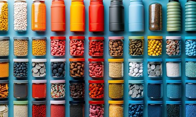 colorful array of pet supplies on a blue backdrop perfect for articles on pet care essentials.illustration