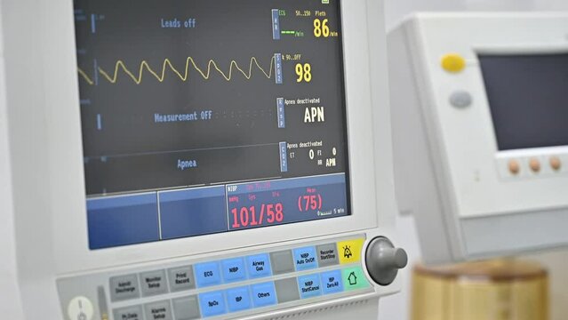 The Vital signs monitor in operating room in hospital. Vital signs monitor using for measure pulse oximetry, non-invasive blood pressure, temperature, EtCo2, respiration and more.