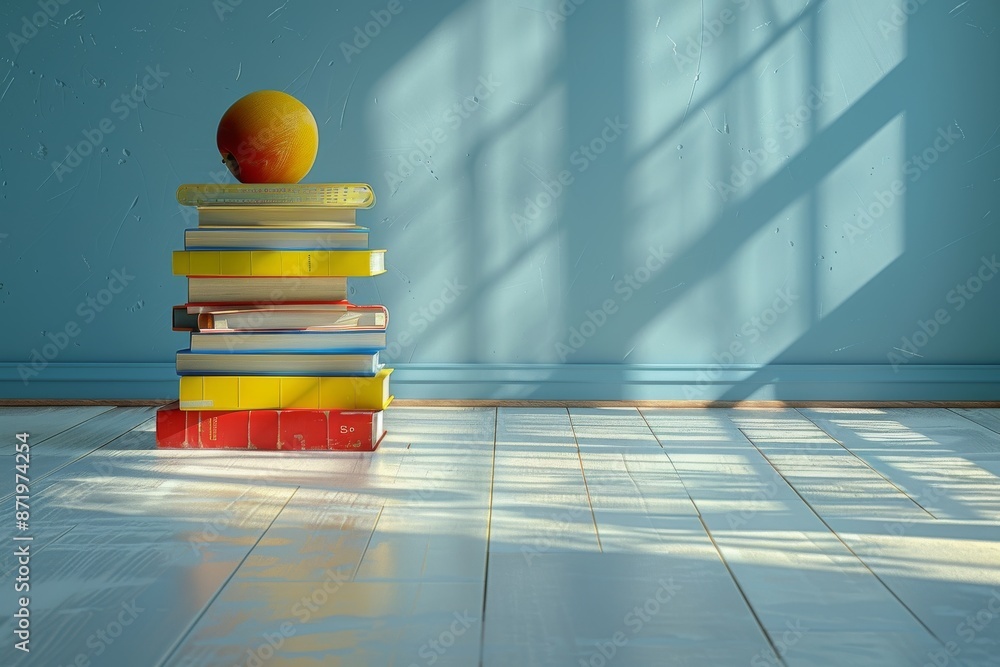Poster empty chair in a classroom with sunlight streaming through windows
