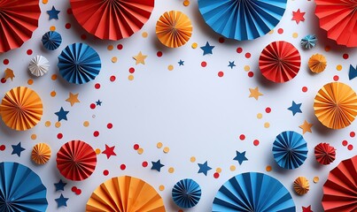 Naklejka premium usa federal holiday banner design flat lay composition, american flag color paper fans, firework rockets on white background happy independence day presidents day labor day concept.stock image