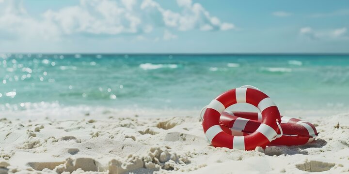 Beach lifeguard essentials lifebuoys rescue tubes first aid kits for emergencies. Concept Beach Safety, Lifeguard Equipment, Emergency Preparedness, Water Rescue, Lifesaving Gear