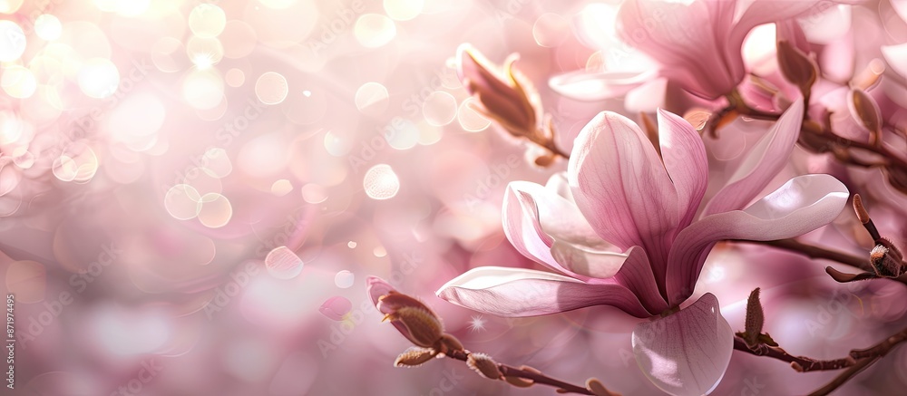 Poster Blurred background creating a soft focus around a magnolia with copy space image.
