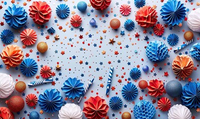 Naklejka premium happy independence day banner, firework rockets american flag color paper fans confetti stars on white background usa independence day american labor day us election concept.illustration
