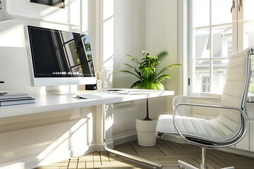 Modern White Office Interior Design with Desk, Computer and Chair Illustration