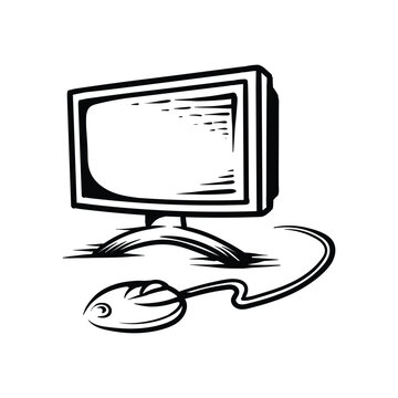 recommend clip art: Monitor and mouse with vintage art line style