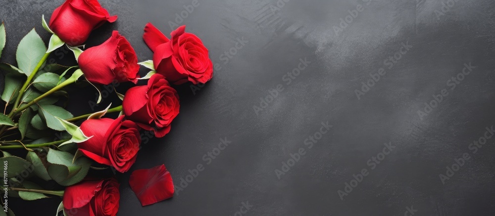 Poster top view flat lay of a valentine's day greeting card featuring a red rose bouquet atop a dark stone 