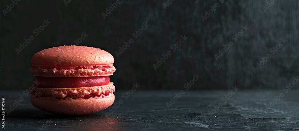 Poster studio shot of a macaron against a dark backdrop with copy space image.