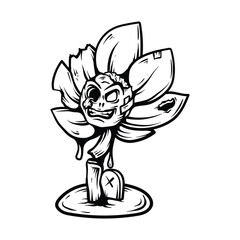 Angry face cartoon of zombie sun flower with vintage classic art line