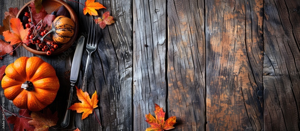 Aufkleber a cozy autumn-themed composition with a table setting, a pumpkin, and fall foliage on a rustic woode