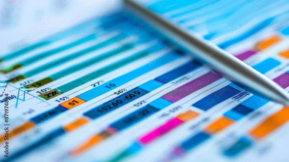 Poster A close-up of a spreadsheet with colorful graphs and financial data calculations