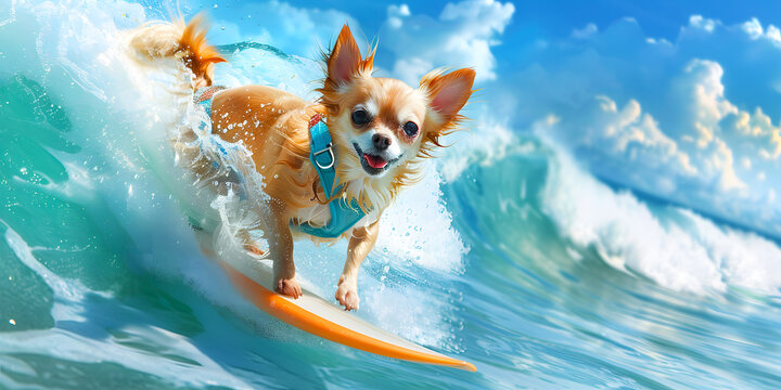 Perro chihuahua surfeando olas en el mar 