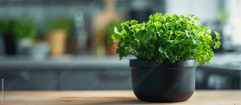 Poster a pot of parsley (petroselinum crispum) within a kitchen setting with a plain background for text or