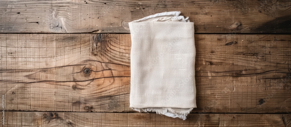 Poster top view mockup with copy space image of a cloth napkin on a rustic wooden table.