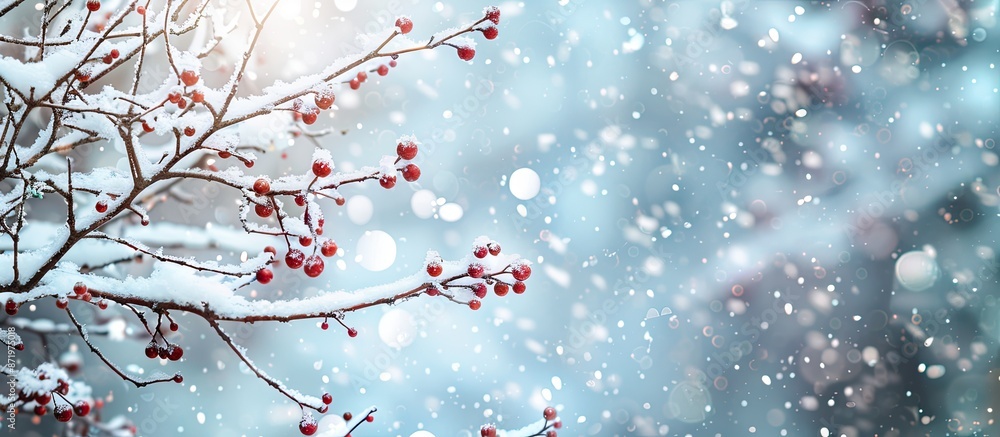 Aufkleber Snow-covered tree branch in a winter setting with copy space image for various design purposes like backgrounds, Christmas cards, wallpapers, or nature designs.