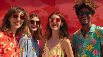 Fototapeta premium portrait of group of unknown young people stand in front of red wall