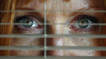 Elevate your design projects with a stock-style image featuring a stunning woman peering through open blinds against a neutral white