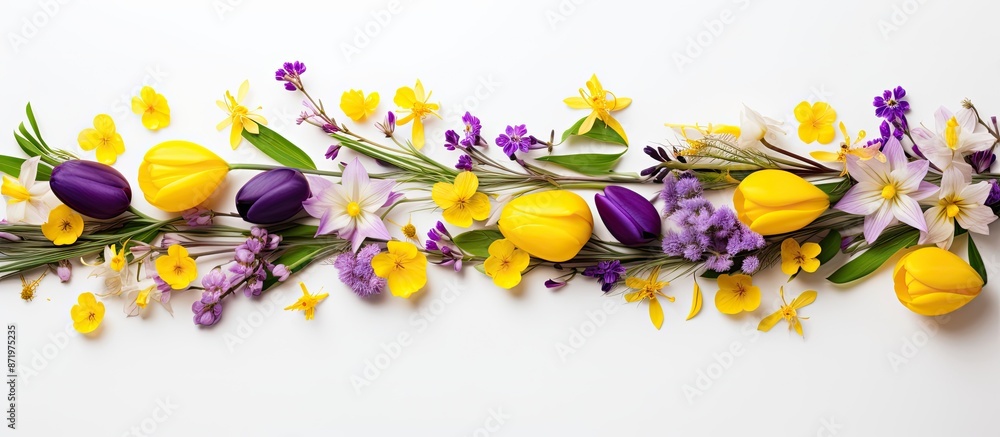 Aufkleber a spring-themed flat lay arrangement with yellow and purple flowers on a white background, represent