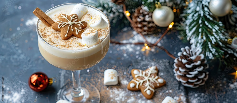 Aufkleber Christmas cocktail with marshmallow and gingerbread cookies on a stone table in a flat lay image from above with copy space.