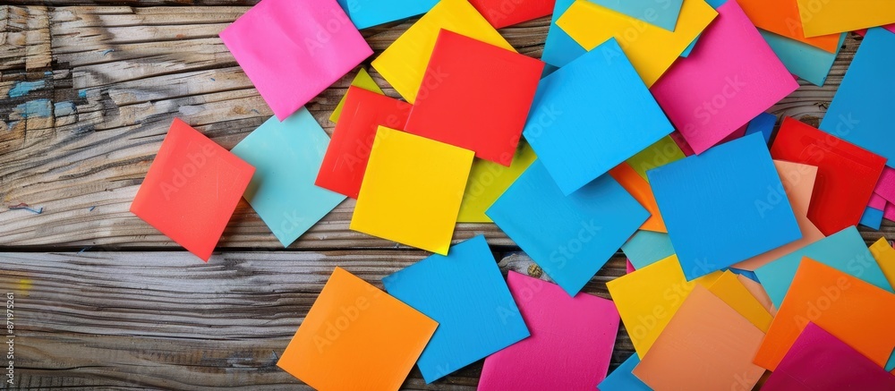 Aufkleber colorful stickers are spread out on the table with a blank copy space image.