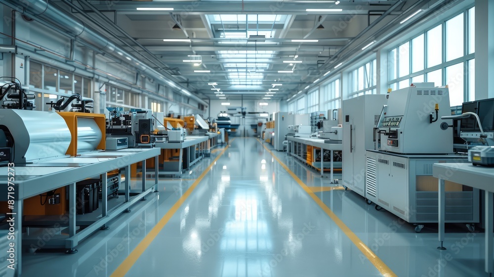 Aufkleber a modern workshop for development and prototyping, bright, clean, modern machines. generative ai.