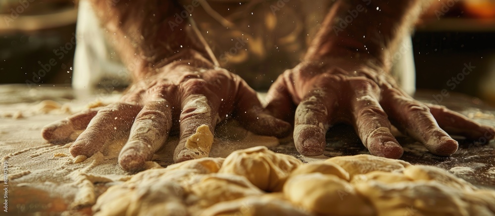 Poster hands shaping raw dough, with a copy space image included.