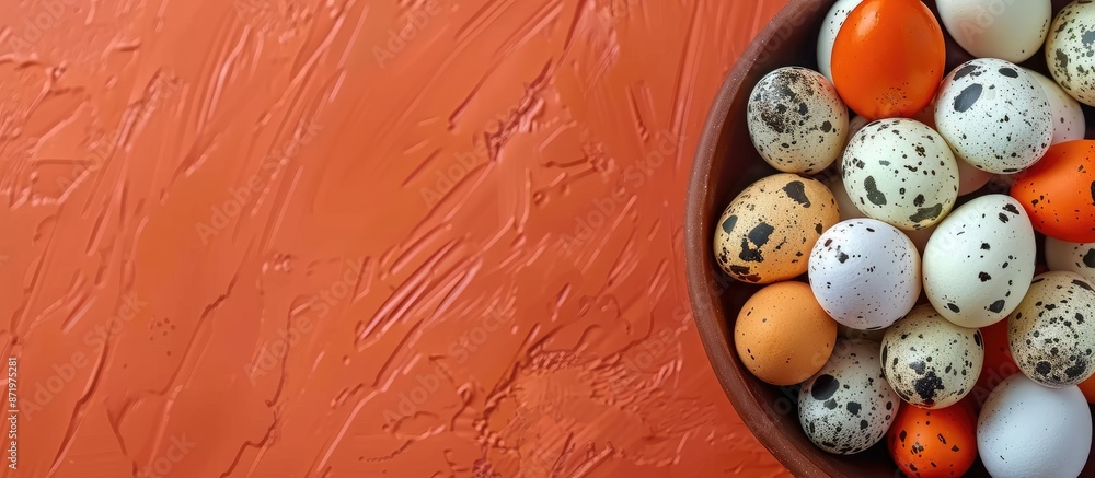 Poster brown background showcases creative quail egg pattern with vibrant easter concept. colorful eggs on 