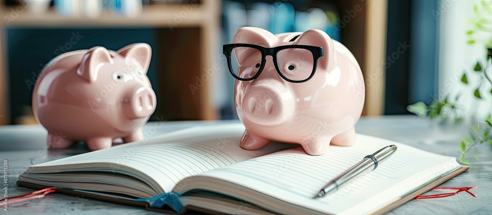 Aufkleber A financial planning scene with a piggy bank and an open notebook displaying a blank page, ideal for copy space image.