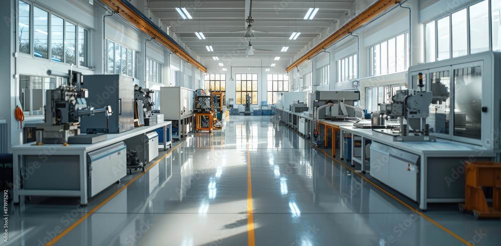 Aufkleber a modern workshop for development and prototyping, bright, clean, modern machines. generative ai.