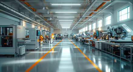 A modern workshop for development and prototyping, bright, clean, modern machines. Generative AI.