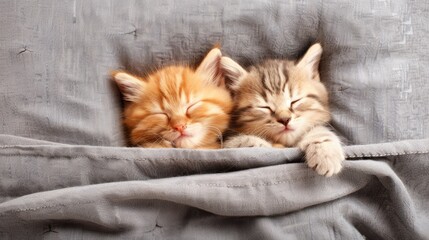 Fototapeta premium Two grey kittens snuggled together asleep under a cozy knit blanket