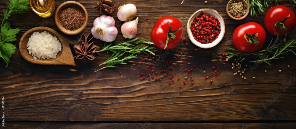 Poster top-down view of ingredients and spices for creating a delicious homemade pizza, displayed on a wood