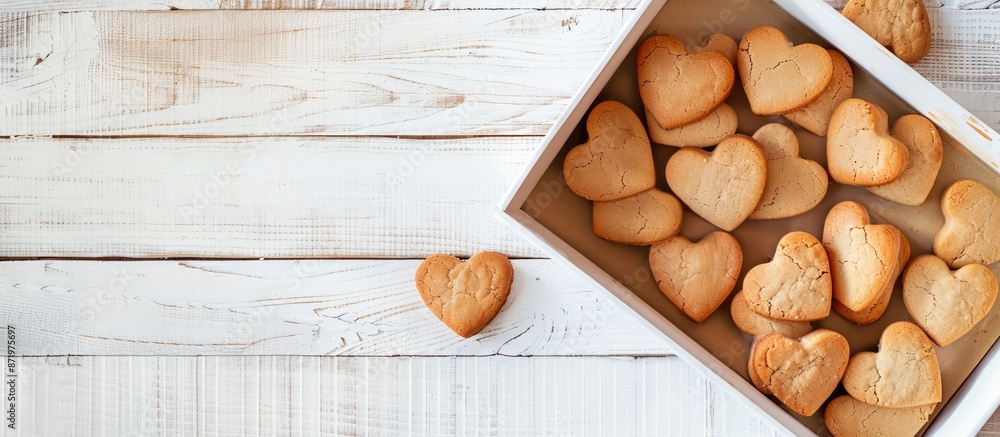 Poster Heart-shaped cookies in a box on a white wooden table seen from above with a background available for adding text, copy space image.