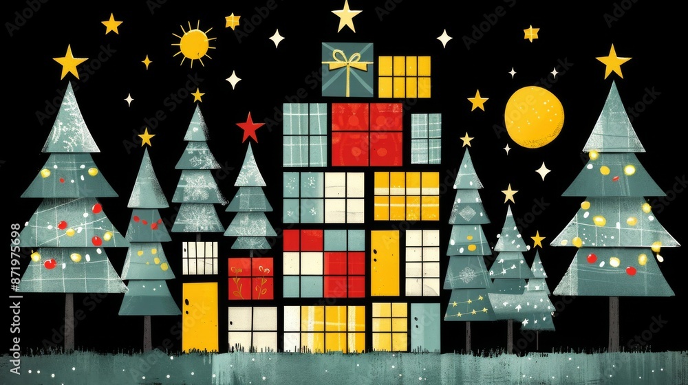 Aufkleber explore the concept of holiday joy with an abstract composition featuring vibrant colors and dynamic