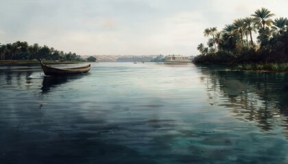 Fototapeta premium Serene river scene with a lone boat, calm water reflections, and lush palm trees under a soft sky at dawn.