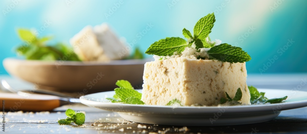 Poster close-up shot of delicious halva and fresh mint placed on a light blue wooden surface, providing amp