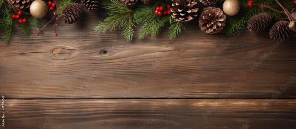 Leinwandbilder a festive christmas theme with a frame created from pine branches, fir cones on a vintage wooden bac
