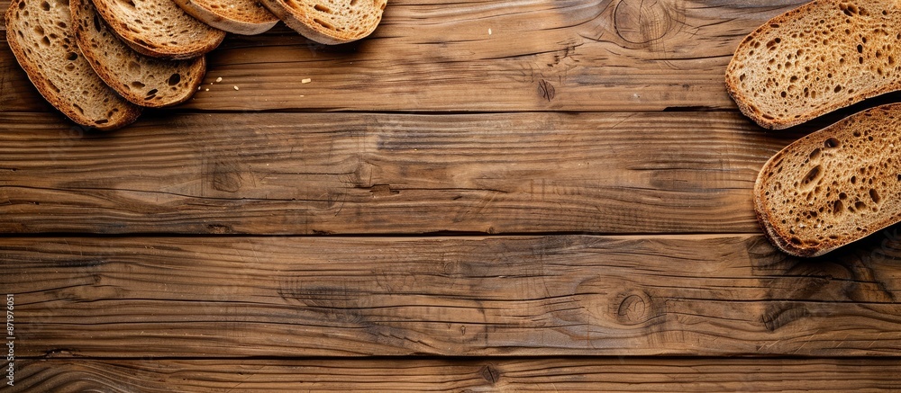 Poster A top view of rustic wooden background with bread slices. Horizontal composition with copy space image.