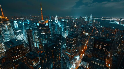 Fototapeta premium a stunning view over New York city at night, with fast forward time so the lights from cars can be seen in hyper realistic 8k resolution 