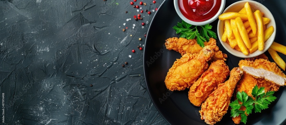 Poster dark background enhances chicken breast and fried pork on plate with mustards and ketchup, parsley f
