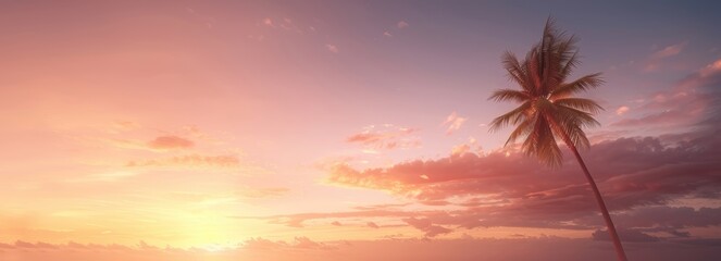 Obraz premium Serene tropical sunset with a lone palm tree silhouetted against a stunning sky with soft pink and orange hues.