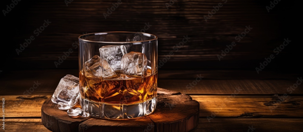 Poster a glass of whiskey with ice on an aged barrel, set against a wooden backdrop with ample copy space i