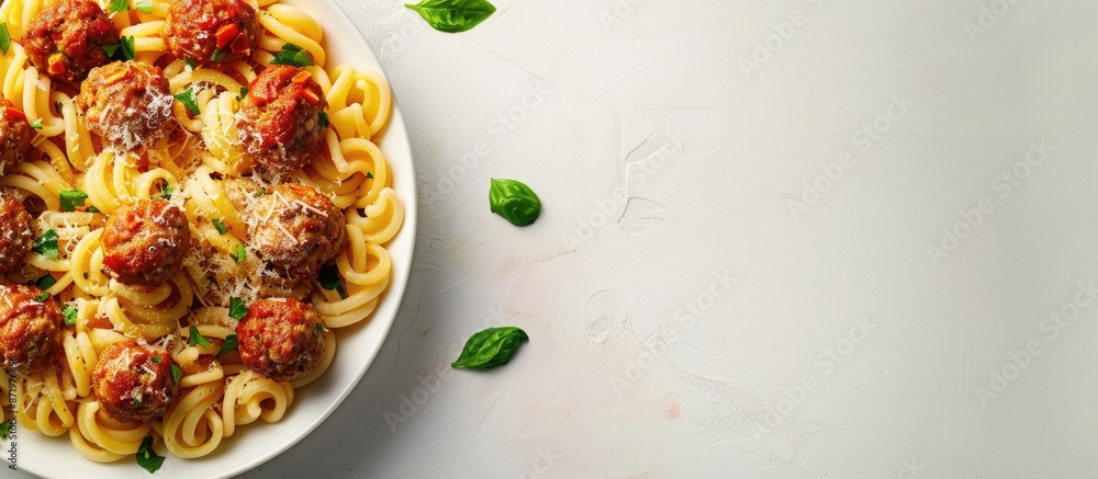 Wall mural A dish of pasta and meatballs, sprinkled with parmesan over a clear isolated background with space for text or other images.