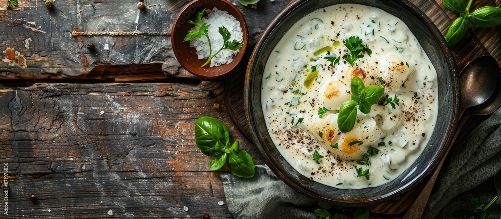 Poster a healthy fish meal with quenelles in white sauce on a rustic table with copy space image in top vie