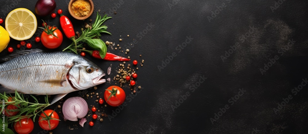 Poster Fresh dorado fish and cooking ingredients displayed on a black slate table from a top view perspective showcasing a copy space image.
