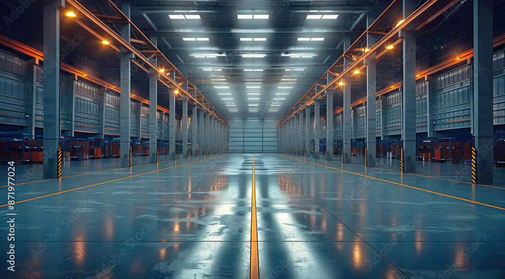 Poster modern warehouse with large machines and lighting in the main floor. generative ai.